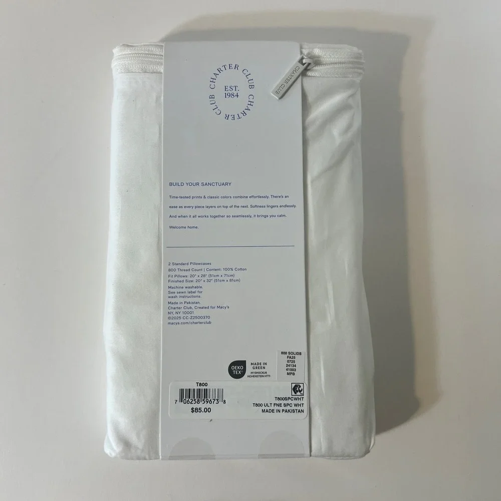 Charter‎ Club Sleep Luxe Collection 2 Standard Pillowcases Cotton 800 TC NIP#1